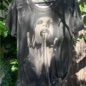 Religion Women’s S Black Top Graphic Print Baggy w/Side Tie Accent
